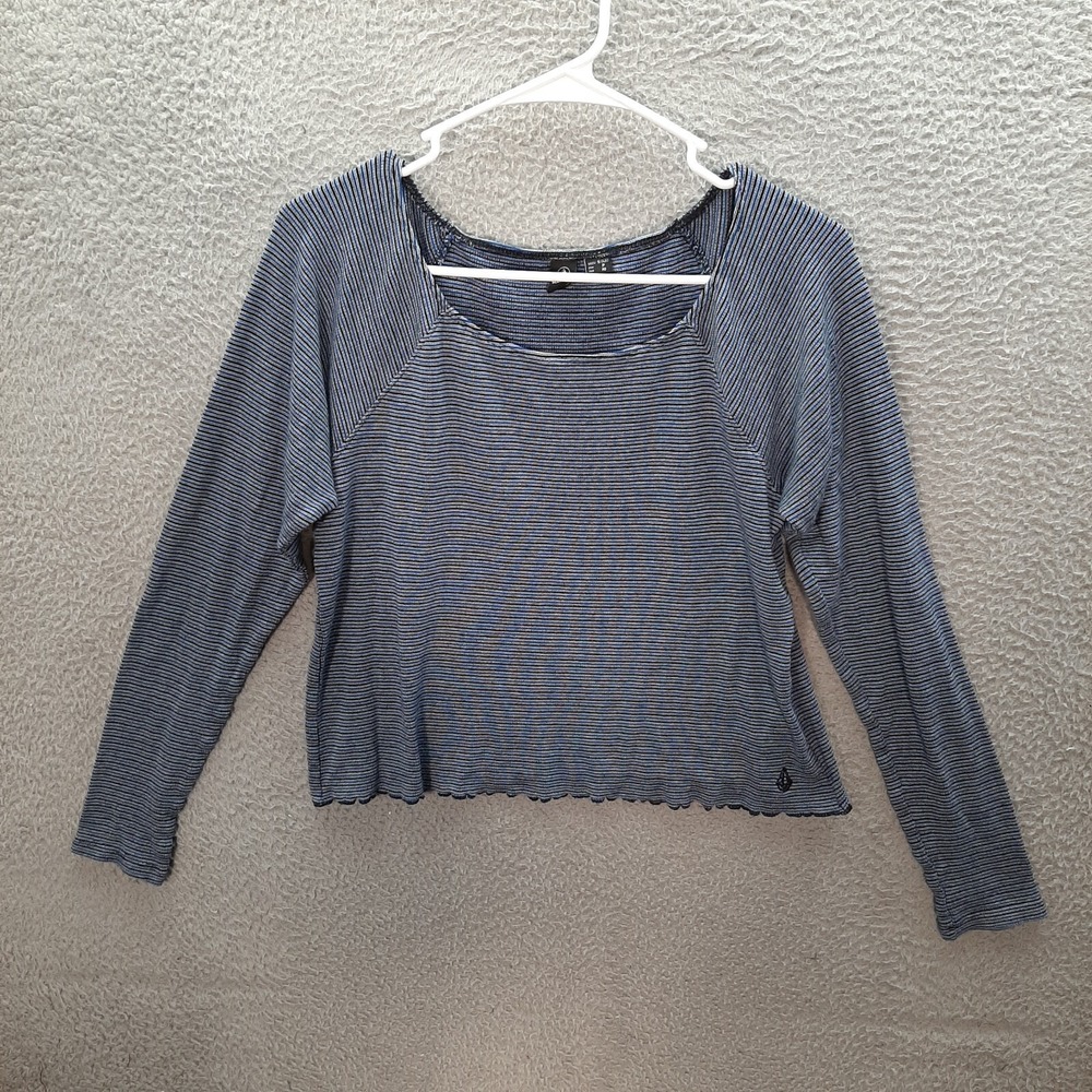 Volcom‎ Shirt Womens Small Blue Black Striped Cropped Skater Surfer Beach Pool